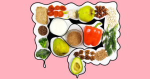 5 of The Best Types of Foods and 4 Supplements for IBS Gut health concept. Illustration of bowel containing various whole foods