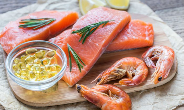 Salmon, shrimp, and omega 3 fish oil supplements. Sources of Omega 3 