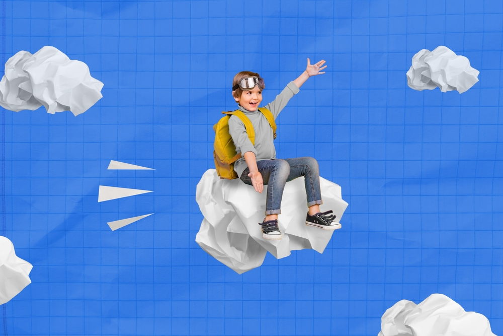 Poster collage of funny cute school child flying crumpled paper on dream imagine blue sky paint background