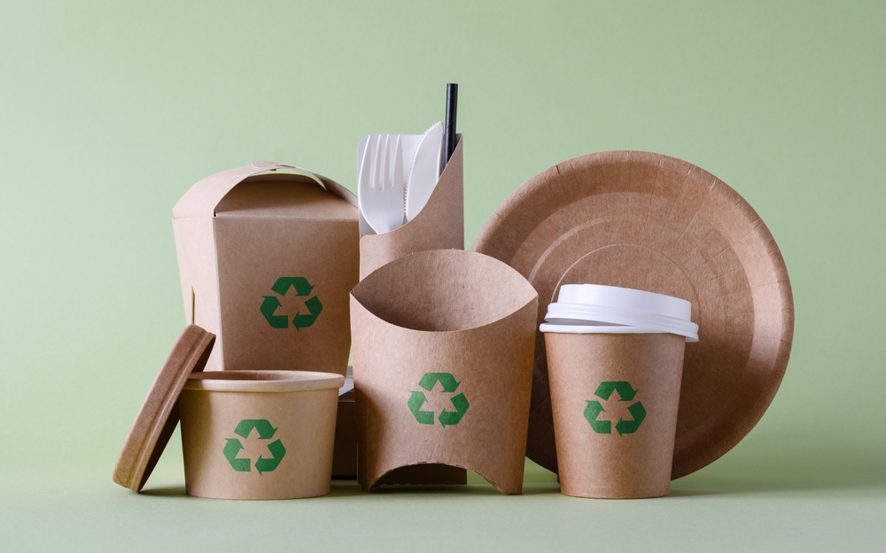 The concept of zero waste and recycling. Use of eco-friendly paper tableware and packaging made from biodegradable materials on a green background.