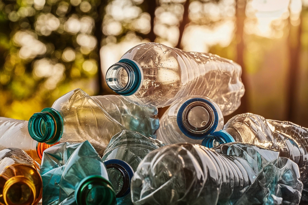 crushed plastic bottles, tower of plastic bottles, recycling