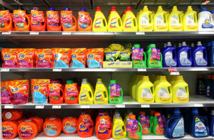Supermarket shelf several common detergent brands