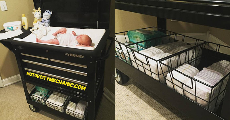Mechanic Dad Transforms a Tool Cart into a Diaper Changing Station for His Newborn Twins