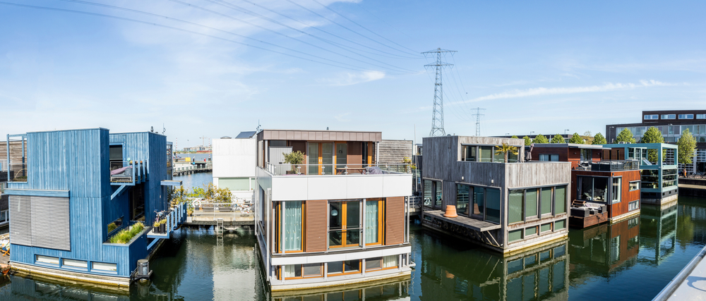 Amsterdam, IJburg The Netherlands 2020 collection of floating houses, panorama of design houses.