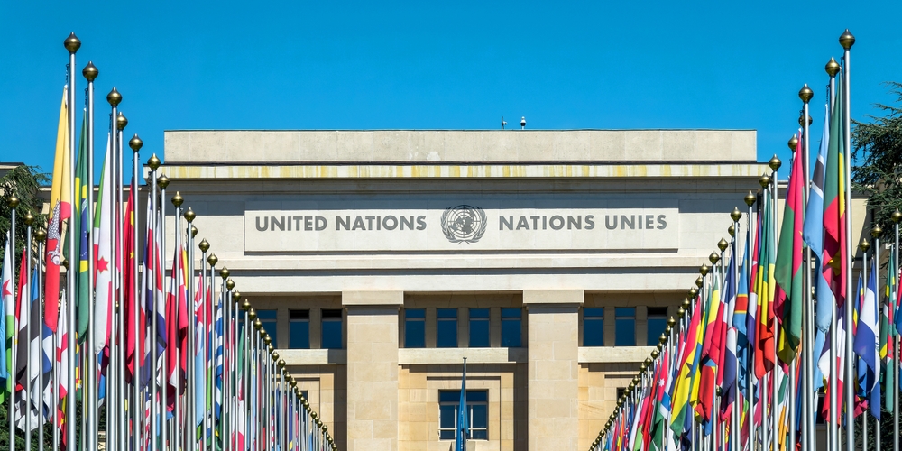 GENEVA, SWITZERLAND - AUGUST 11: Ranges of flags at the UN (United Nations) office in the Palais des Nations in on August 11, 2023 in Geneva
