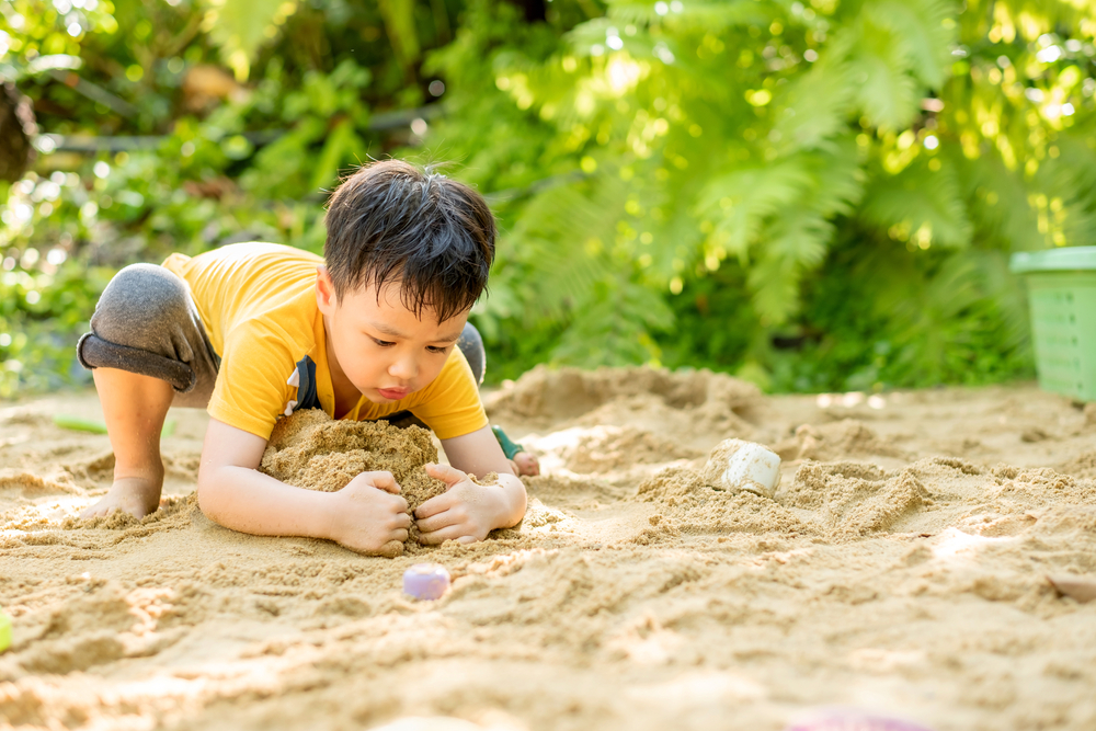Asian child boy playing toy and sand with natural background. Copy space.
