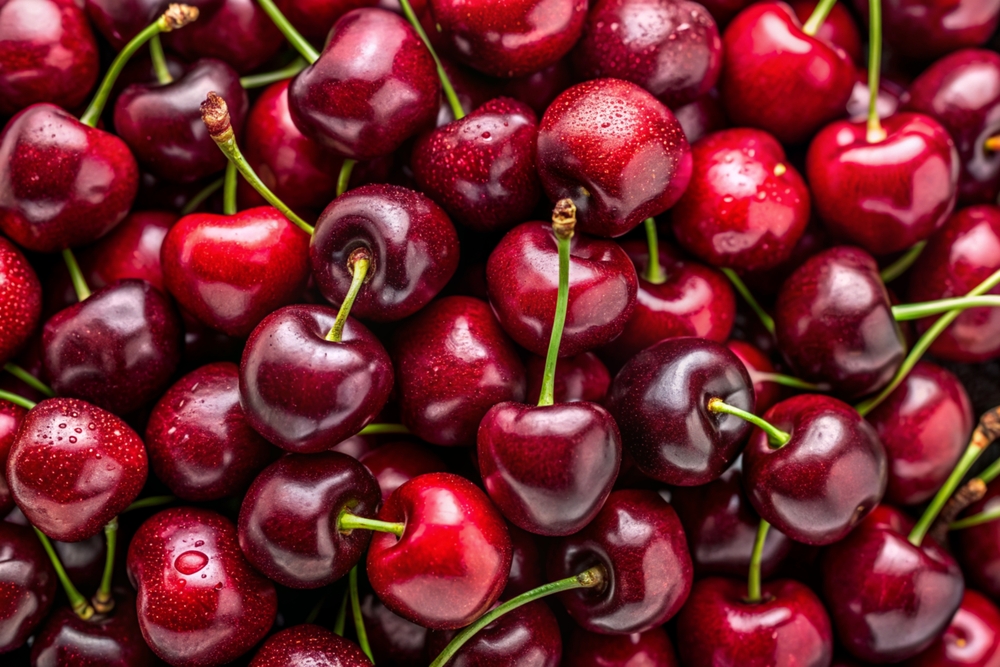 Background filled with the close-up details of ripe maroon cherries

