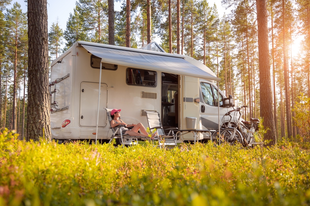 Family vacation travel RV, holiday trip in motorhome, Caravan car Vacation.