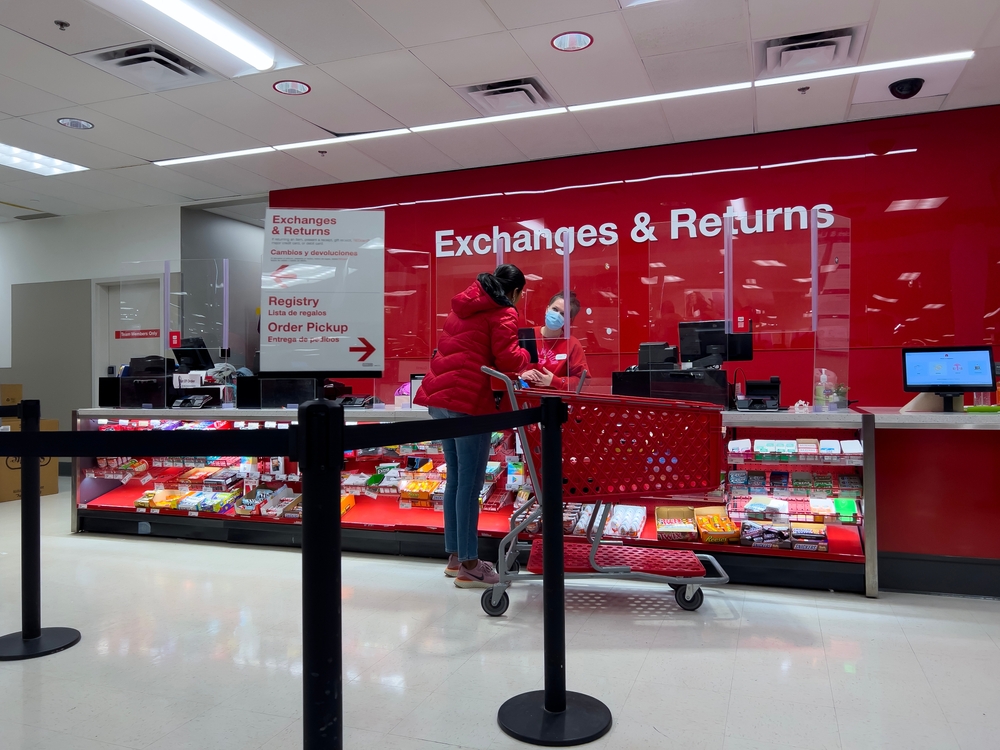 Lynnwood, WA USA - circa February 2023: Wide view of the exchanges and returns line inside a Target retail store.