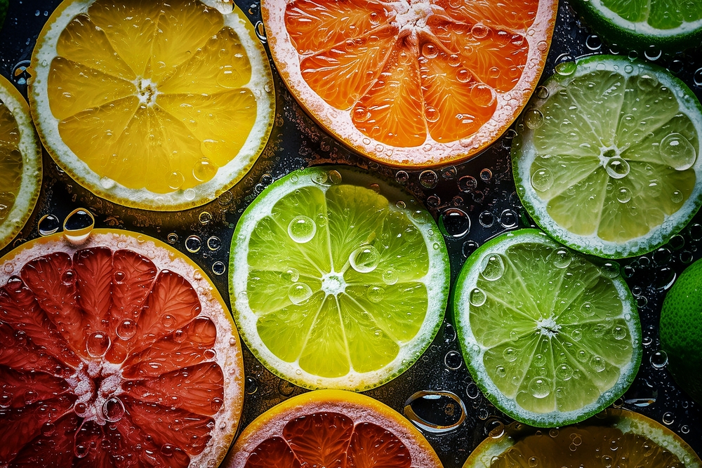 Close-up of fresh lemon slices, showcasing their vibrant color and juicy texture. The detailed shot captures the citrus fruit's zest and pulp, perfect for food, health, and refreshing visuals.