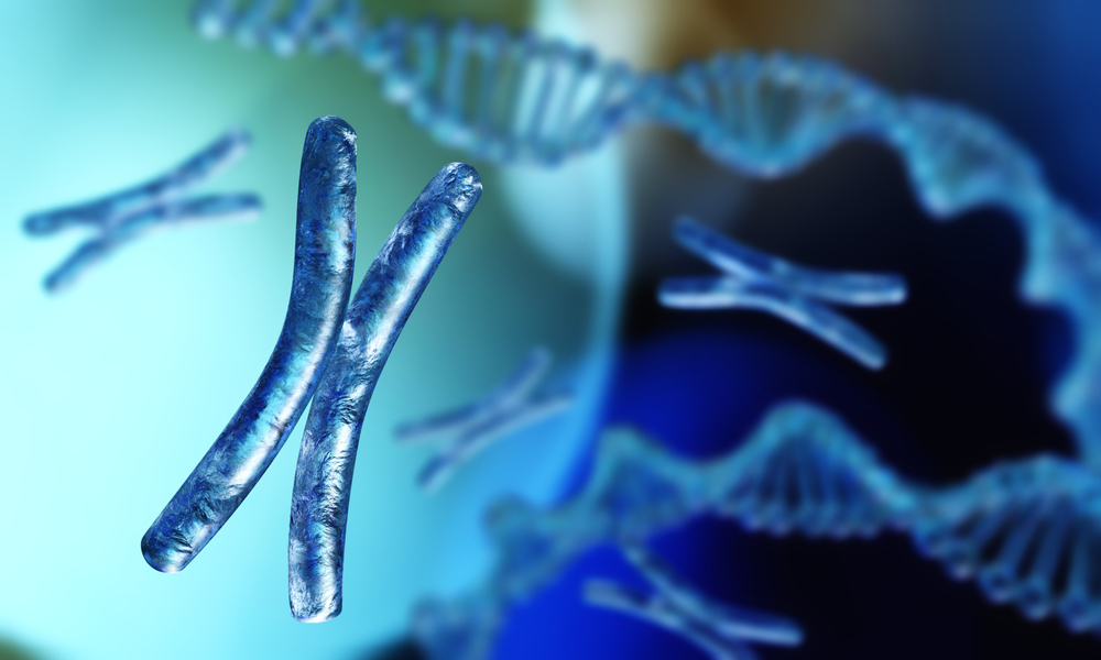 X chromosome against the background of DNA. Chromosomes and DNA. 3D rendering