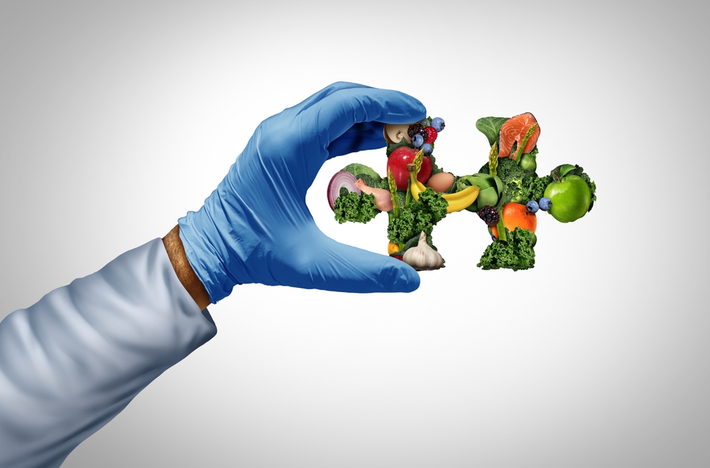 Food Science solutions as a nutritionist or scientist with nutrients and foods as a solution solving a puzzle of nutrition and caloric intake as a dietary health concept for digestion fitness.
