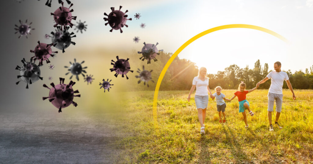 Strong immunity - healthy family. Happy parents with children protected from viruses and bacteria