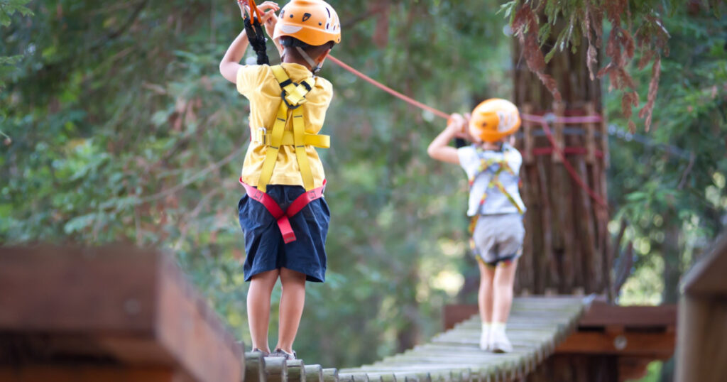 6 year old Kids climbing trees in Dolomites, Italy.
