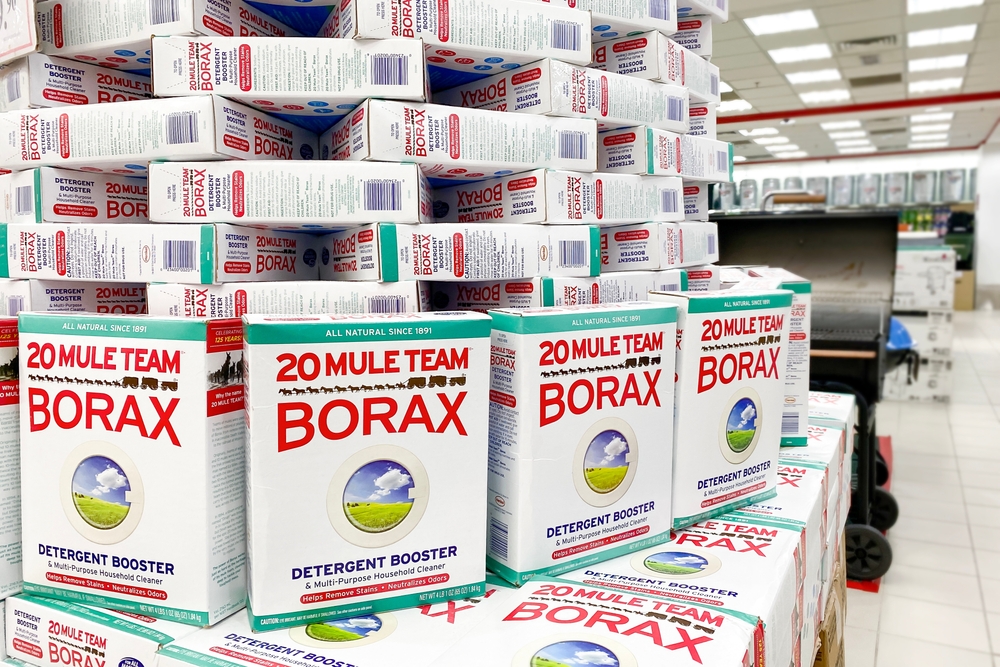 PENANG, MALAYSIA - NOV 04, 2020: Borax Detergent Booster stacks up in hardware stores.