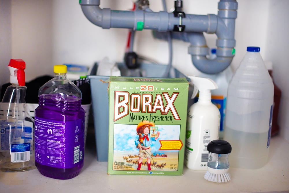 Toronto, Ontario, Canada - October 12, 2023 - Box of Borax cleaning under the kitchen sink with other brand name products.