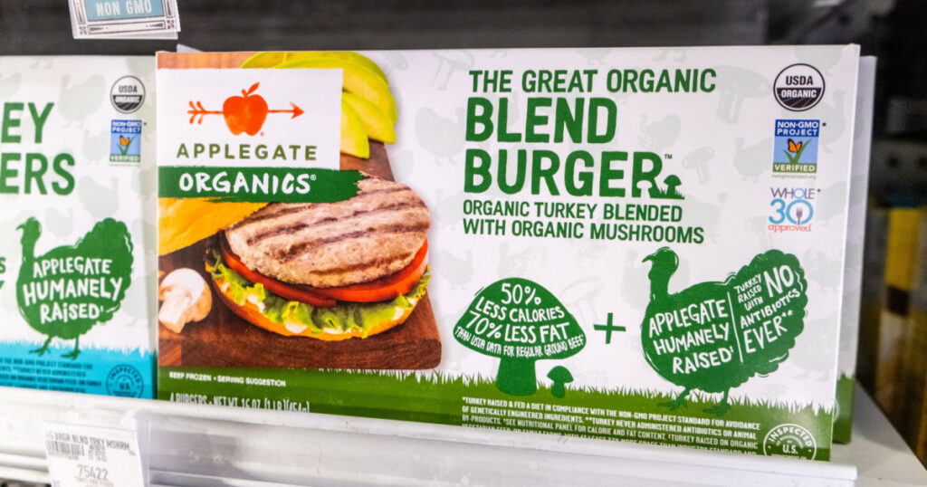 Los Angeles, CA/USA 9/9/2019 Shopper's hand holding a package of Applegate Organics brand turkey meat Burgers blended with mushrooms for sale in a supermarket aisle
