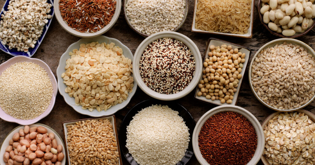 Top view of veriety natural organic cereal and grain seed for healthy food ingredient or agricultural product concept
