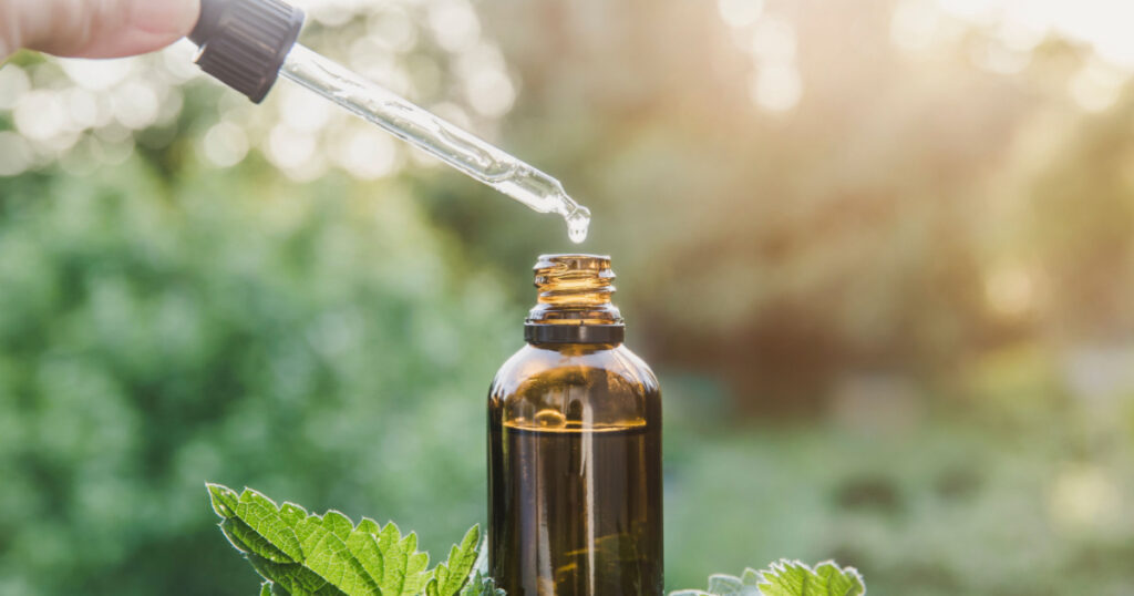 broadleaf plantain tincture in small brown glass bottle outdoors. Woman taking drop with dropper. Lifestyle shot, bokeh background with copy space.