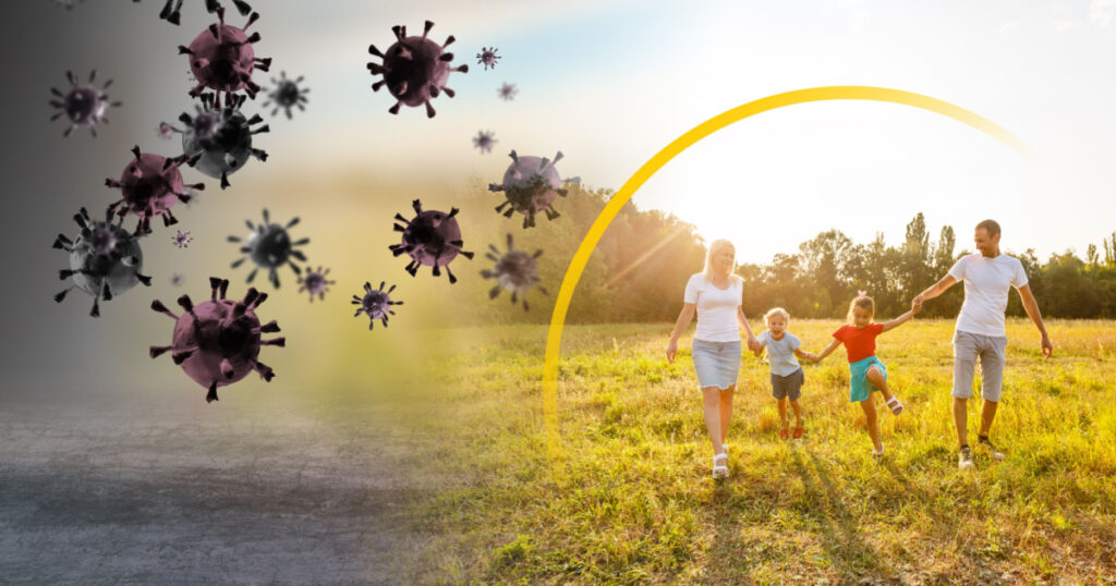 Strong immunity - healthy family. Happy parents with children protected from viruses and bacteria, illustration