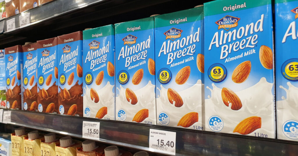 PENANG, MALAYSIA - 8 MAR 2021: Blue diamond almond breeze on store shelf. Blue Diamond Growers is a California agricultural cooperative and marketing organization that specializes in almonds.