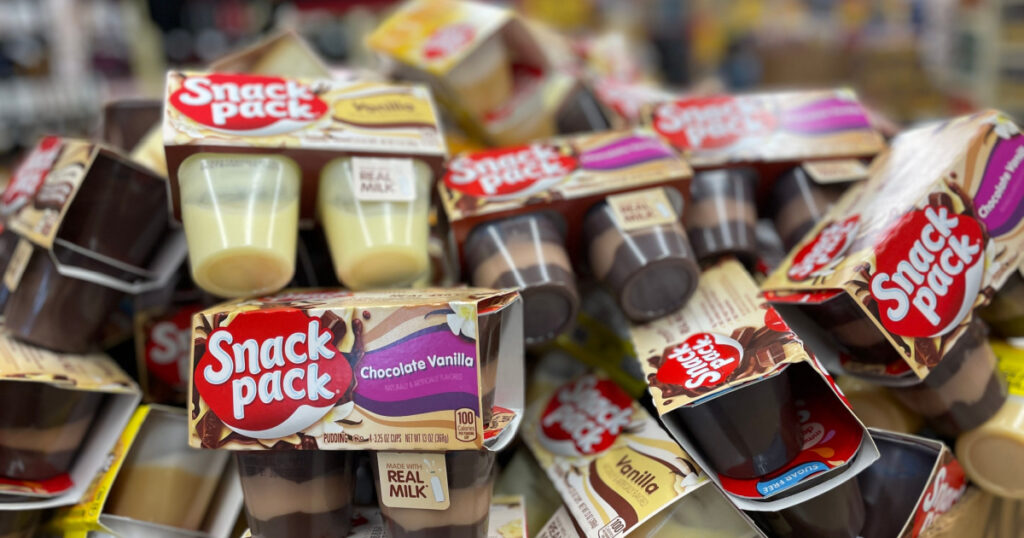 Grovetown, Ga USA - 08 17 22: Retail grocery store Snack pack pudding cups display
