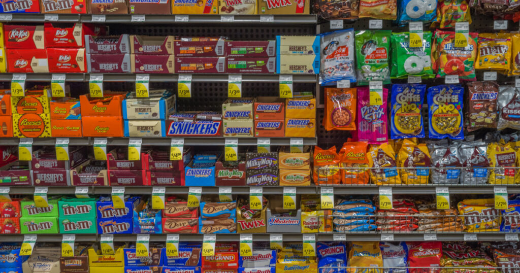 Honolulu, Hawaii, USA, Jan. 6, 2018. Decadent display of colorful candy products newly put on sale for rapid consumption.