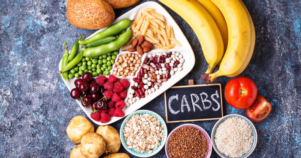 Products sources of carbohydrates. Healthy carbs food. Top view