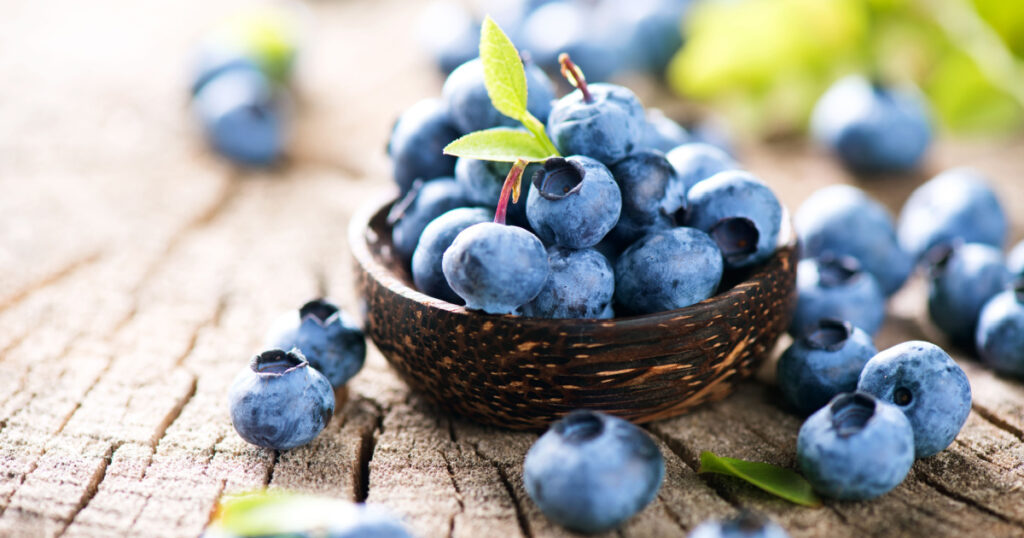 Freshly picked blueberries in wooden bowl. Juicy and fresh blueberries with green leaves on rustic table. Bilberry on wooden Background. Blueberry antioxidant. Concept for healthy eating and nutrition