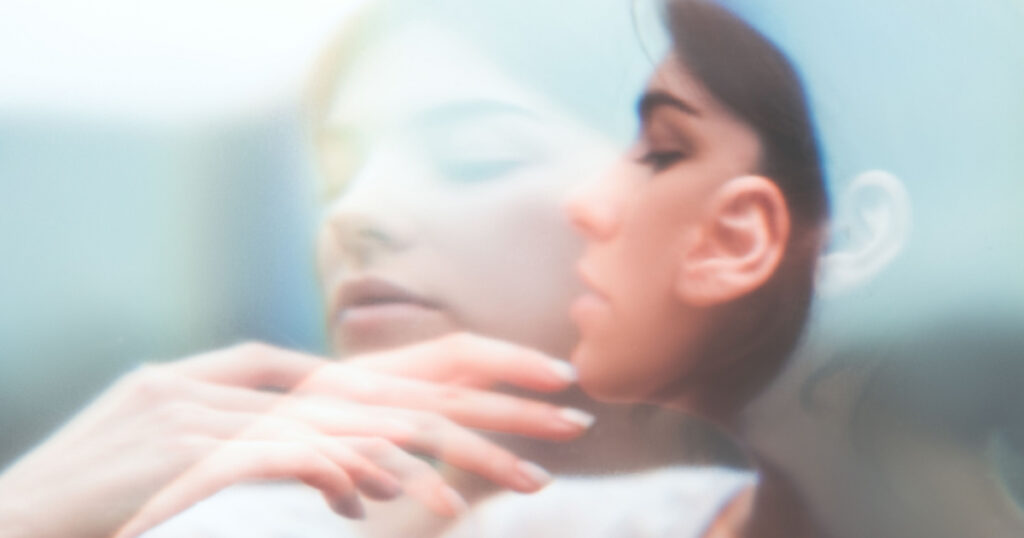 Art portrait. Inner peace. Surreal sensual woman face blur silhouette double exposure. Feminine fragility. Soul freedom. Sensitive mindfulness. Nostalgic dream. Subconscious melancholy.
