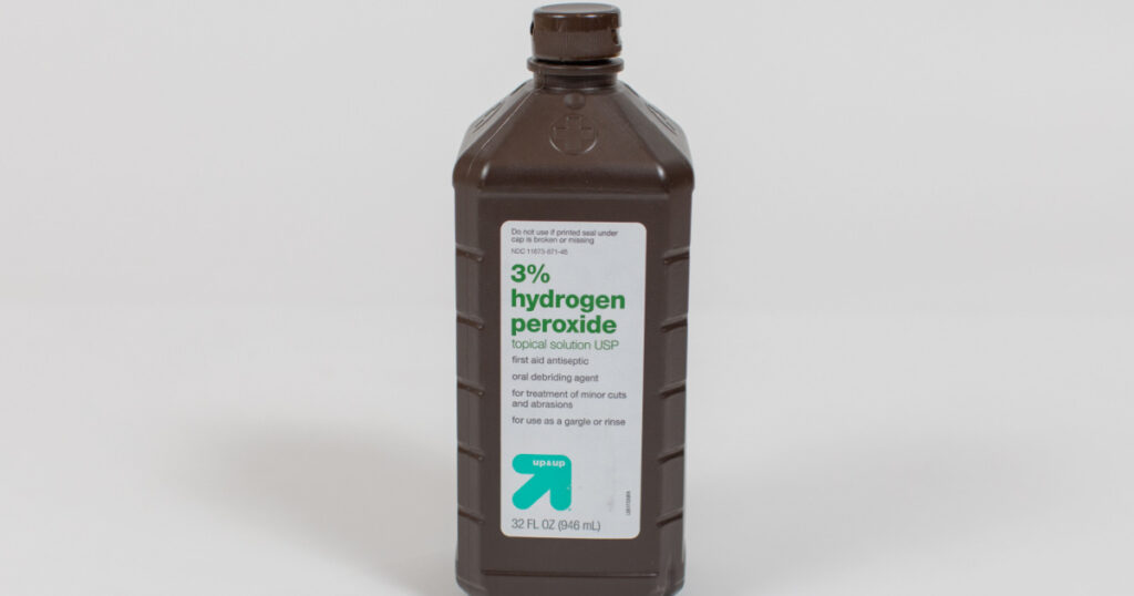 Ros, CA - January 24, 2021: 3 percent Hydrogen Peroxide topical solution USP bottle on white background.