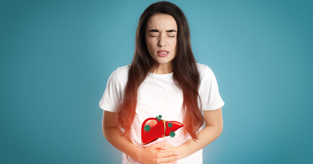 Sick woman suffering from pain and illustration of unhealthy liver on light blue background. Viral hepatitis