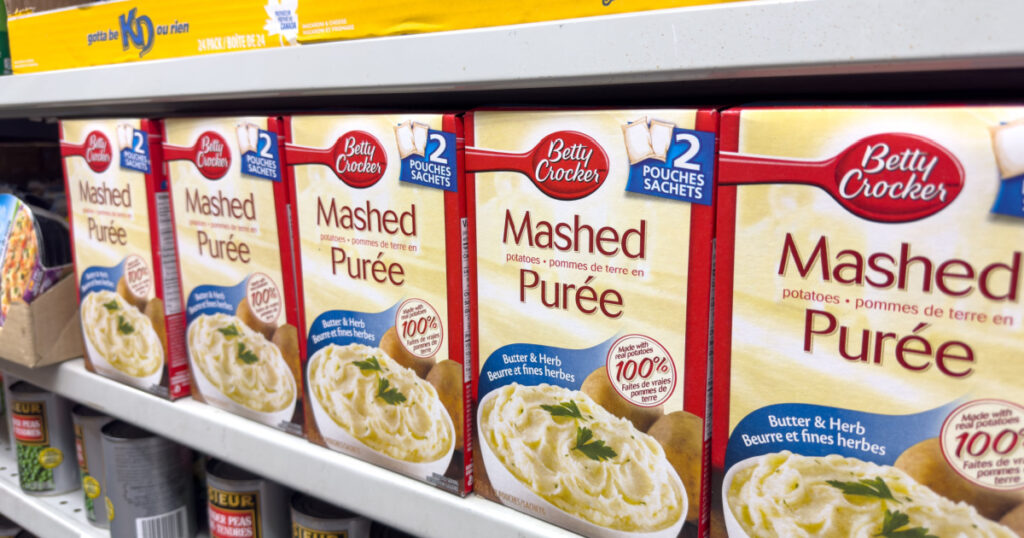 Winnipeg, Manitoba, Canada - 05-08-2023: A view of several packages of Betty Crocker mashed potato mix, on display at a local grocery store.
