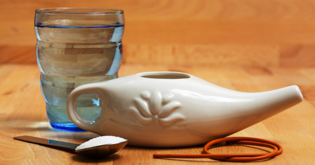 Cleaning procedures for the body: nasal irrigation with salty water and rubber catheter