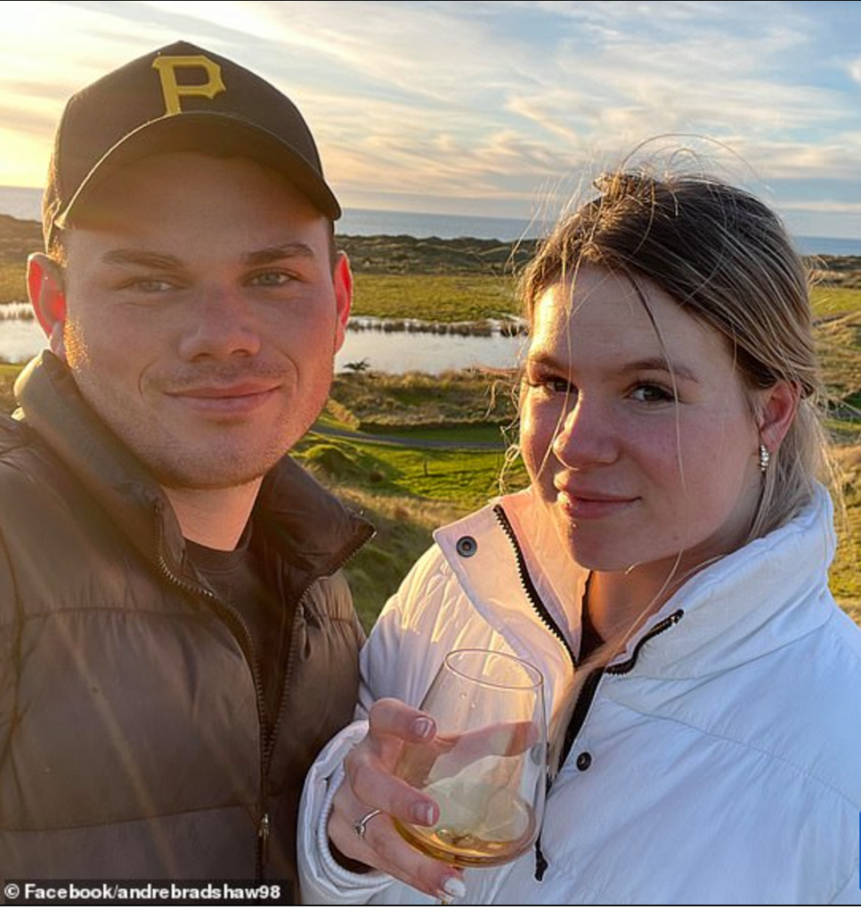 A Man and woman side by side with scenic background.