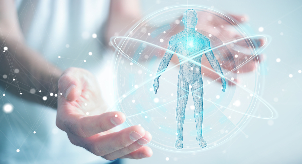 Businessman on blurred background using digital x-ray human body scan interface 3D rendering
