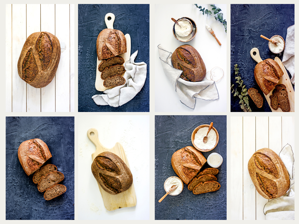 Homemade bread collage. A selection of photographs of a loaf of artisan bread with sourdough on a dark and light background, vertical background, copy space, food top down