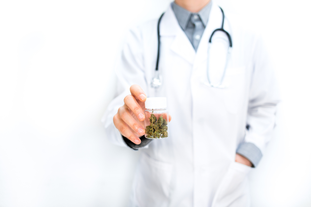 Doctor holds medicinal cannabis as a cure for pain in his hand. Legal CBD cannabis. He recommends cannabis for pain relief.
