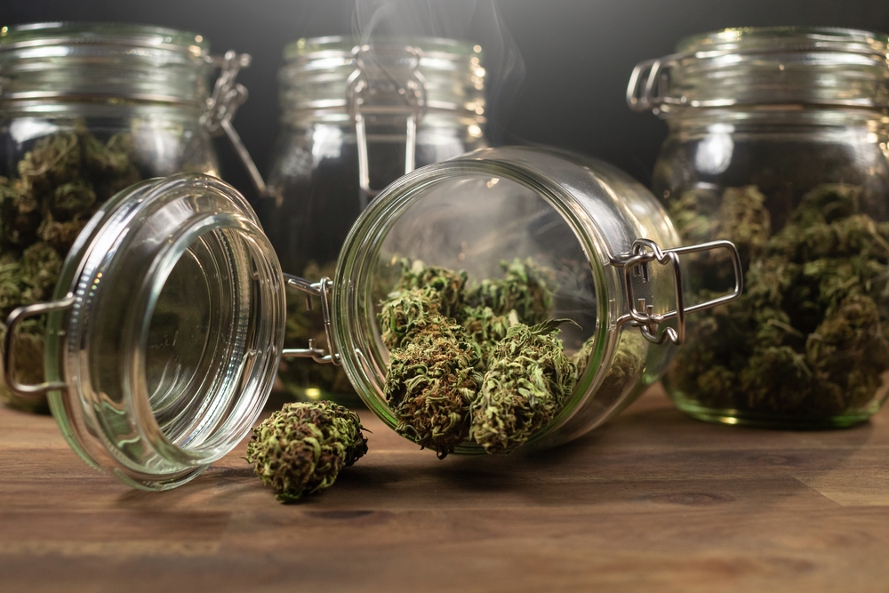CBD hemp weed buds stored in a glass jar shrouded with a smoke cloud. Medical cannabis.
