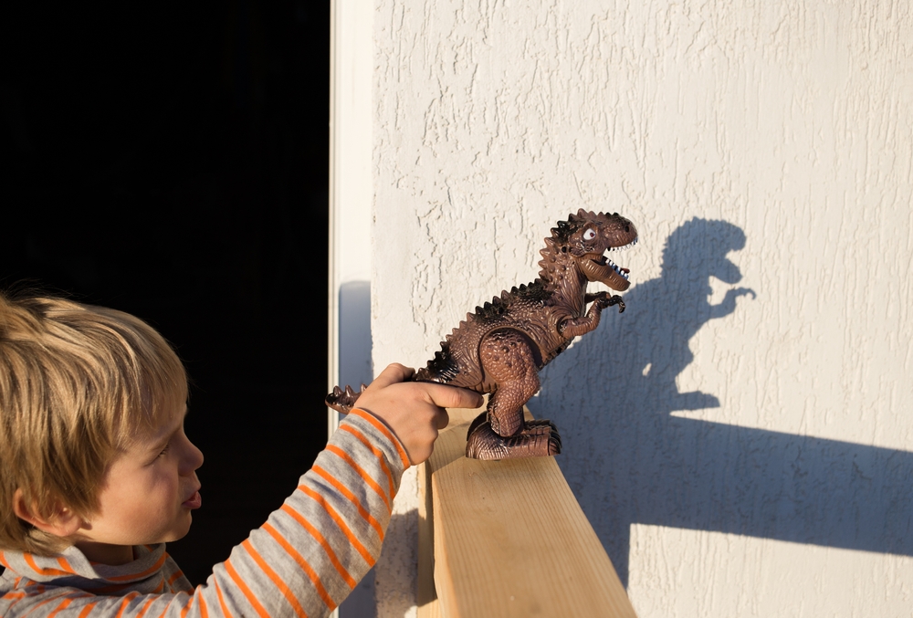 boy plays with a dinosaur toy, making interesting contrasting shadows from him on a light wall. Bright sunny day. happy fun childhood, ideas for games, lifestyle