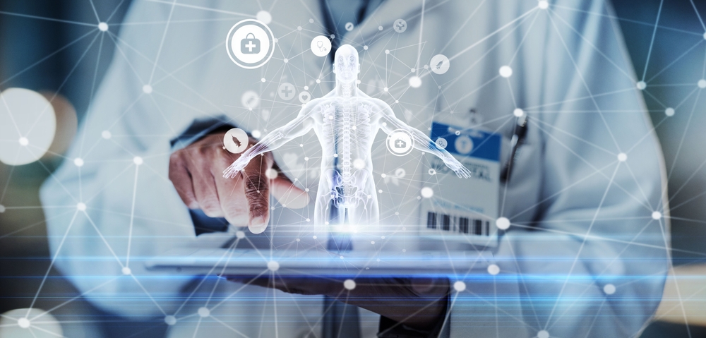Tablet, hands or doctor with human body hologram for futuristic research, 3d ai analysis or hospital innovation. Life insurance, medical or man with virtual holographic anatomy for digital healthcare

