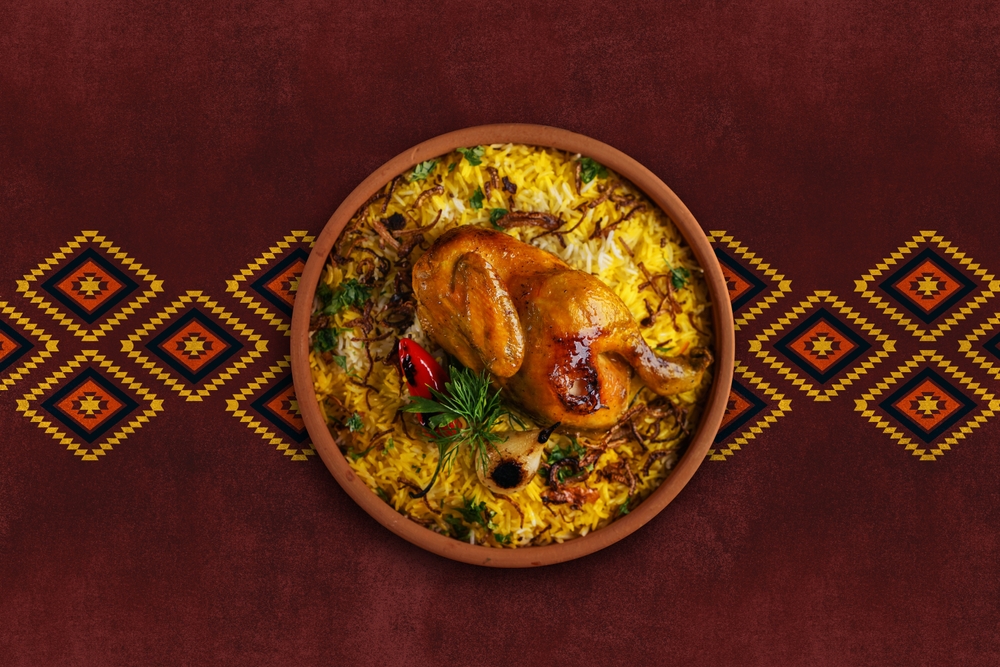 Chicken Mandy top view The national Saudi Arabian dish chicken kabsa with rice mandi, arab cuisine.