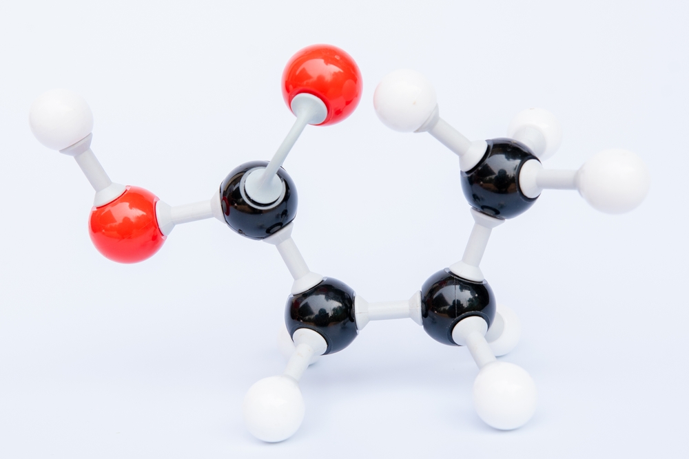 Butanoic acid is an oily colourless liquid with the chemical formula C4H8O2. It is a short chain saturated fatty acid found in the form of esters in animal fats and plant oils. Chemistry molecule mode