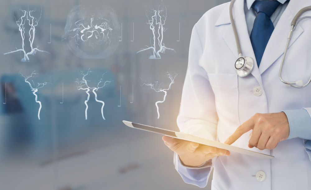 medical technology and medical research concept. doctor using digital tablet with stroke brain research science.