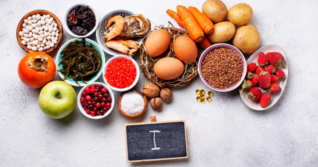 Assortment of healthy food containing iodine. Products rich in I