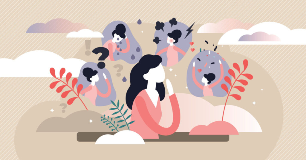 Feelings vector illustration. Flat tiny behavior expression persons concept. Various emotions and mood changes. Abstract simple gesture collection set with positive and negative elements. PMS symptoms
