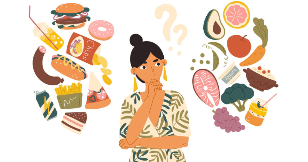Woman choosing between healthy and unhealthy food concept flat vector illustration. Fastfood vs balanced menu comparison isolated clipart. Female cartoon character dieting and healthy eating.
