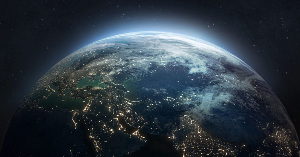Earth at he night. Abstract wallpaper. City lights on planet. Civilization. Elements of this image furnished by NASA