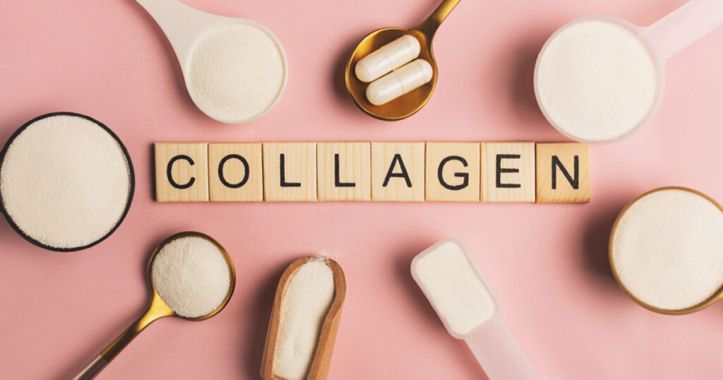 Collagen powder and pills spoons on pink background. Extra protein intake. Natural beauty and health supplement for skin, bones, joints and gut. Plant or fish based. Flatlay, top view. Copy space.