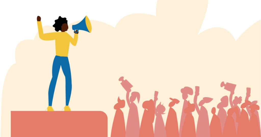 A black woman speaking about social justice and standing up against discrimination in front of crowd , this illustration showcase about woman empowerment
